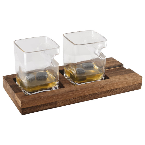 DUO WHISKEY TWO GLASSES WOODEN HOLDER 4 CERAMIC STONE ICE CUBES