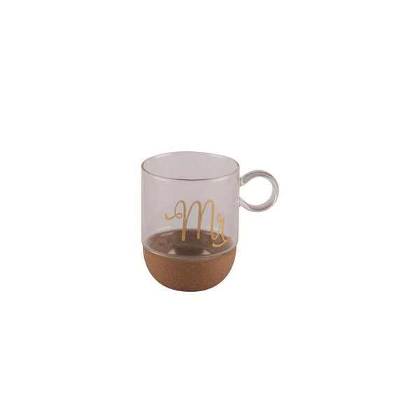 CORK BOTTOM GLASS MUG WITH GOLDEN INSCRIPTION “Mr”