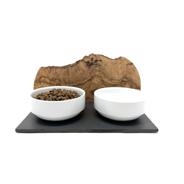 Feeding and drinking station "Cats only" 2x 0.4 liter DUO MOUNTAIN olive wood