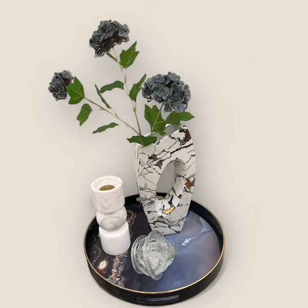 Combination: a tray, a marble candlestick, a marble vase with high-end silk fabric flowers