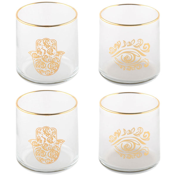 WATER GLASSES HAND OF FATMA AND GOLDEN EYE - SET OF 4