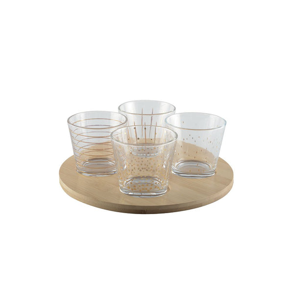 SET OF 4 GOLDEN DISHES WITH WOODEN TRAY