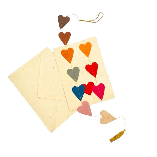 Luna-Leena 2x greeting card + garland hearts multicolored - vertical - L1.15cm - 100% eco friendly paper - handmade in Nepal