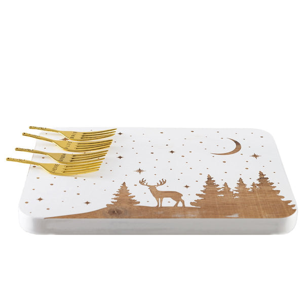 RECTANGULAR DEER WOODEN CHEESE TRAY AND 4 GOLDEN FORKS