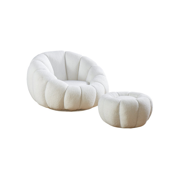 Armchair and stool set made of white teddy fur