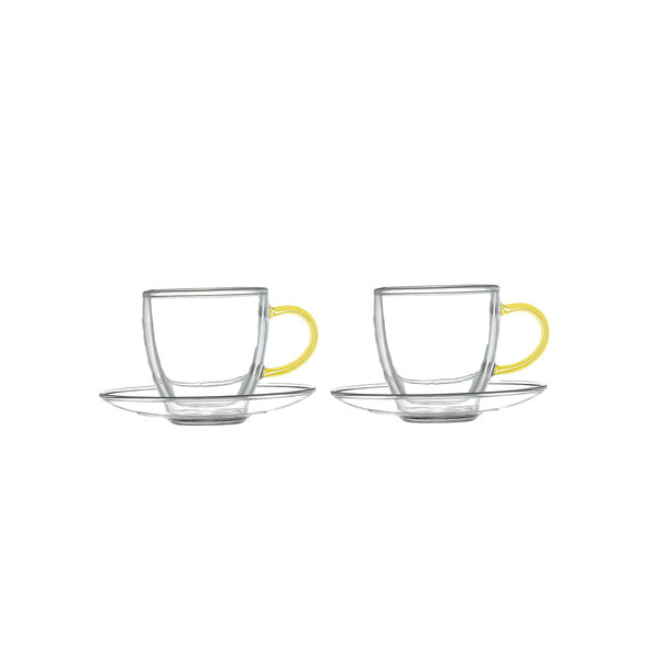 DOUBLE WALL CUPS AND SAUCER YELLOW HANDLE - SET OF 4