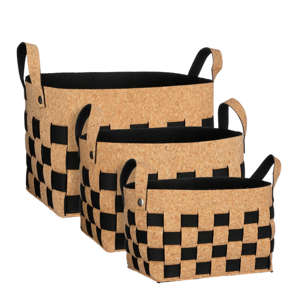 Storage basket - Set of 3 - L40 x W30 x H30 cm - Cork/Felt - Black