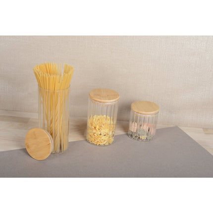 GLASS STORAGE JAR AND WOODEN LID 9X9X10CM