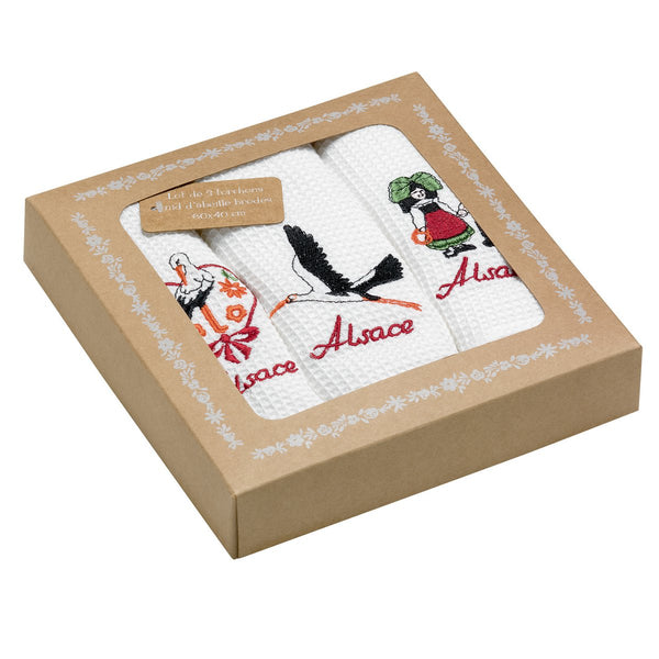 Set of 3 White Embroidered Alsace Honeycomb Tea Towels 40 x 60