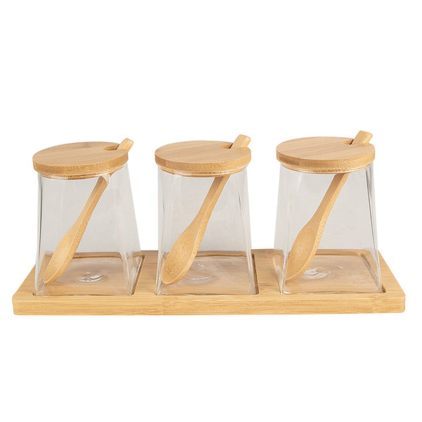 Storage jar Set of 3 Transparent, Glass and Wood (3) 7x7x10 cm(3)/29x9x12 cm