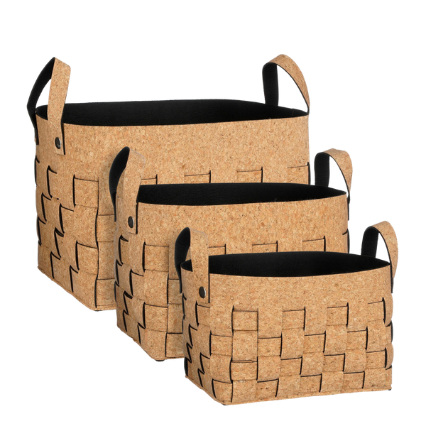 Storage basket - Set of 3 - L40 x W30 x H30 cm - Cork/Felt - Brown