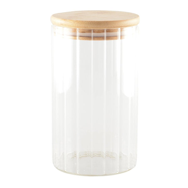 GLASS STORAGE JAR AND WOODEN LID 9X9X15CM