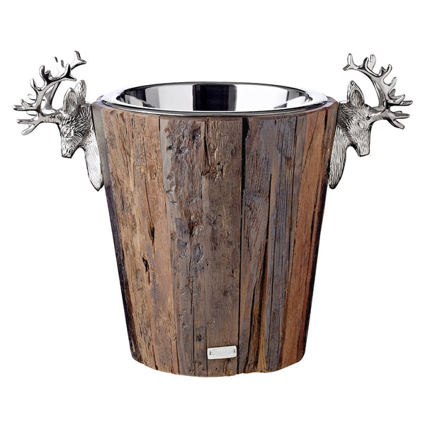 EDZARD champagne cooler Milwaukee with 2 deer heads, teak, stainless steel shiny nickel-plated, height 30 cm