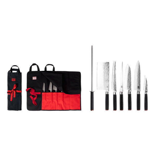 Knives and Kitchen Accessories Set - The Complete Set Traveler Edition (B): 6 knives (paring knife + Santoku + gyuto + fillet knife + bread knife + cleaver) + 2 accessories (honing steel + 100% cotton roll-up knife bag)