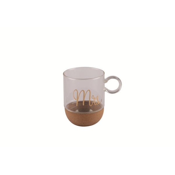 CORK BOTTOM GLASS MUG WITH GOLDEN INSCRIPTION “Mrs”