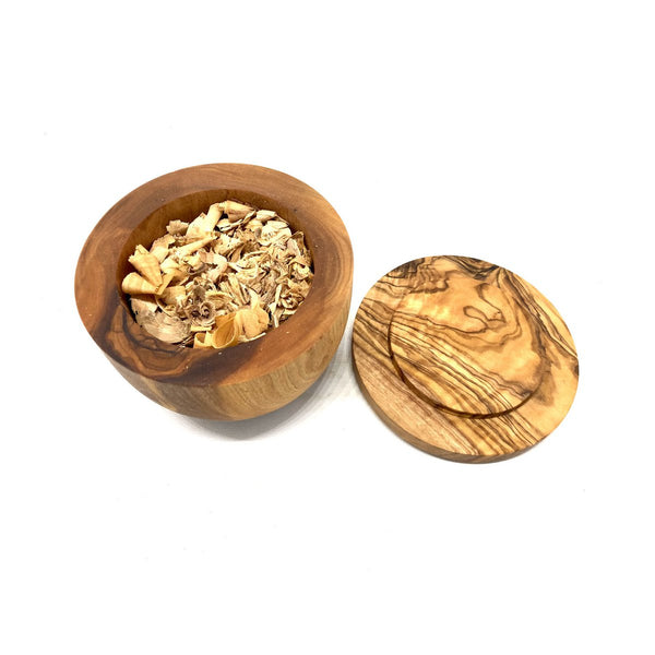 Fragrance dispenser box made of olive wood with lid + olive wood shavings as fragrance carrier