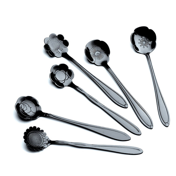 BLACK ASSORTED FLOWER CAKE SPOONS - SET OF 6