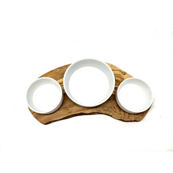 RUSTY TRIO feeding station for wet food, dry food & water with 2x 0.4 L and 1x 0.9 L porcelain bowl olive wood