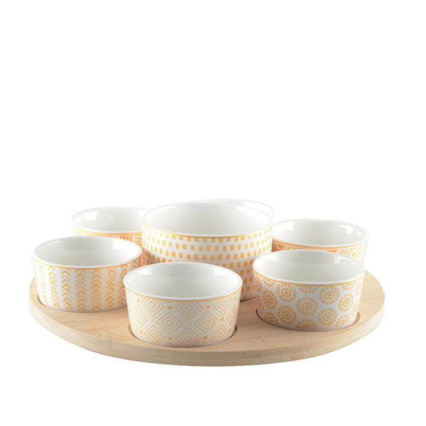 APERITIF SET OF 7 CUPS ON ROUND WOODEN TRAY