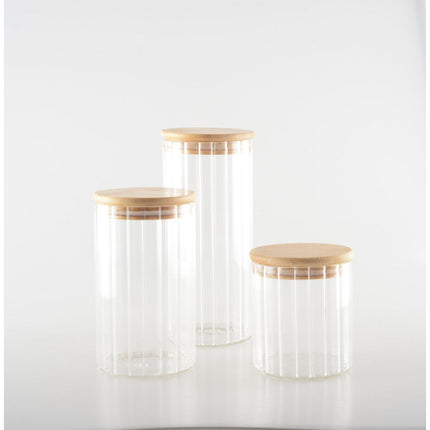 GLASS STORAGE JAR AND WOODEN LID 9X9X10CM